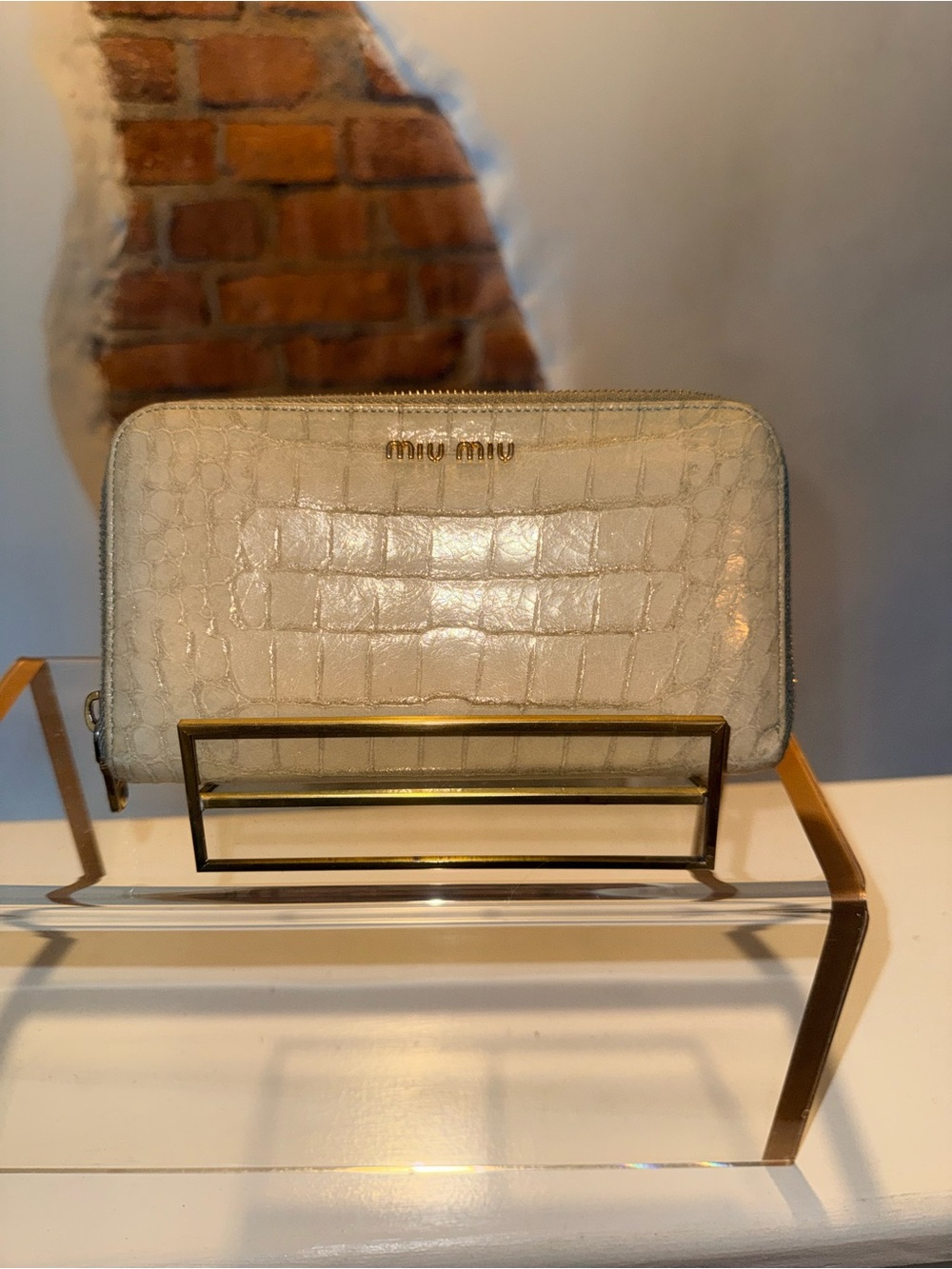 Miu Miu St. Coco Lux Croc-Embossed Leather Zip Wallet Mint Green Interior